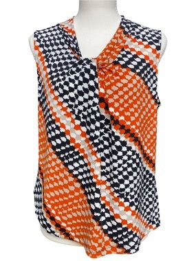 Calvin Klein Sleeveless Twist Neck Blouse Orange Black Abstract Print Size Large